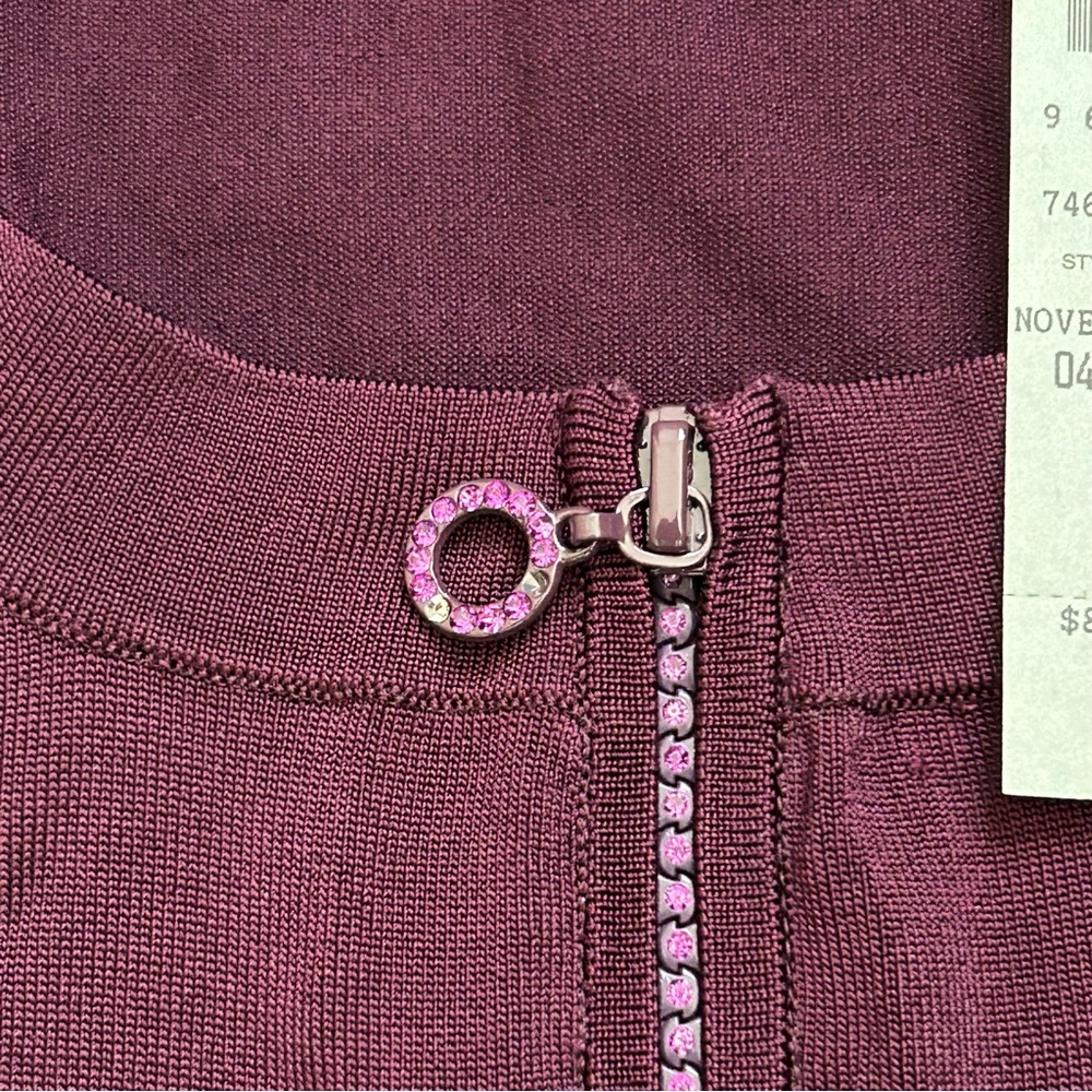Cache Purple Rhinestone Zipper Rib Knit Long Sleeve Top Stretch S Cotton Spandex - Picture 3 of 7